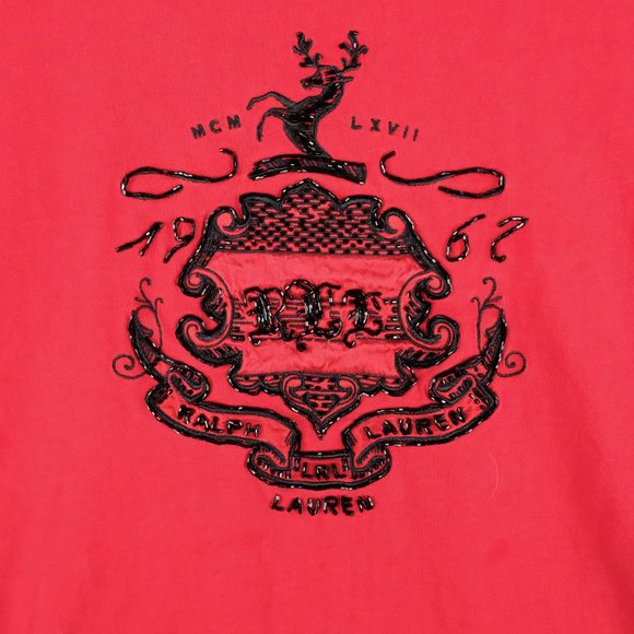 Lauren Ralph Lauren T Shirt Womens Large Red Beaded Preppy Logo Long Sleeve - Picture 2 of 10